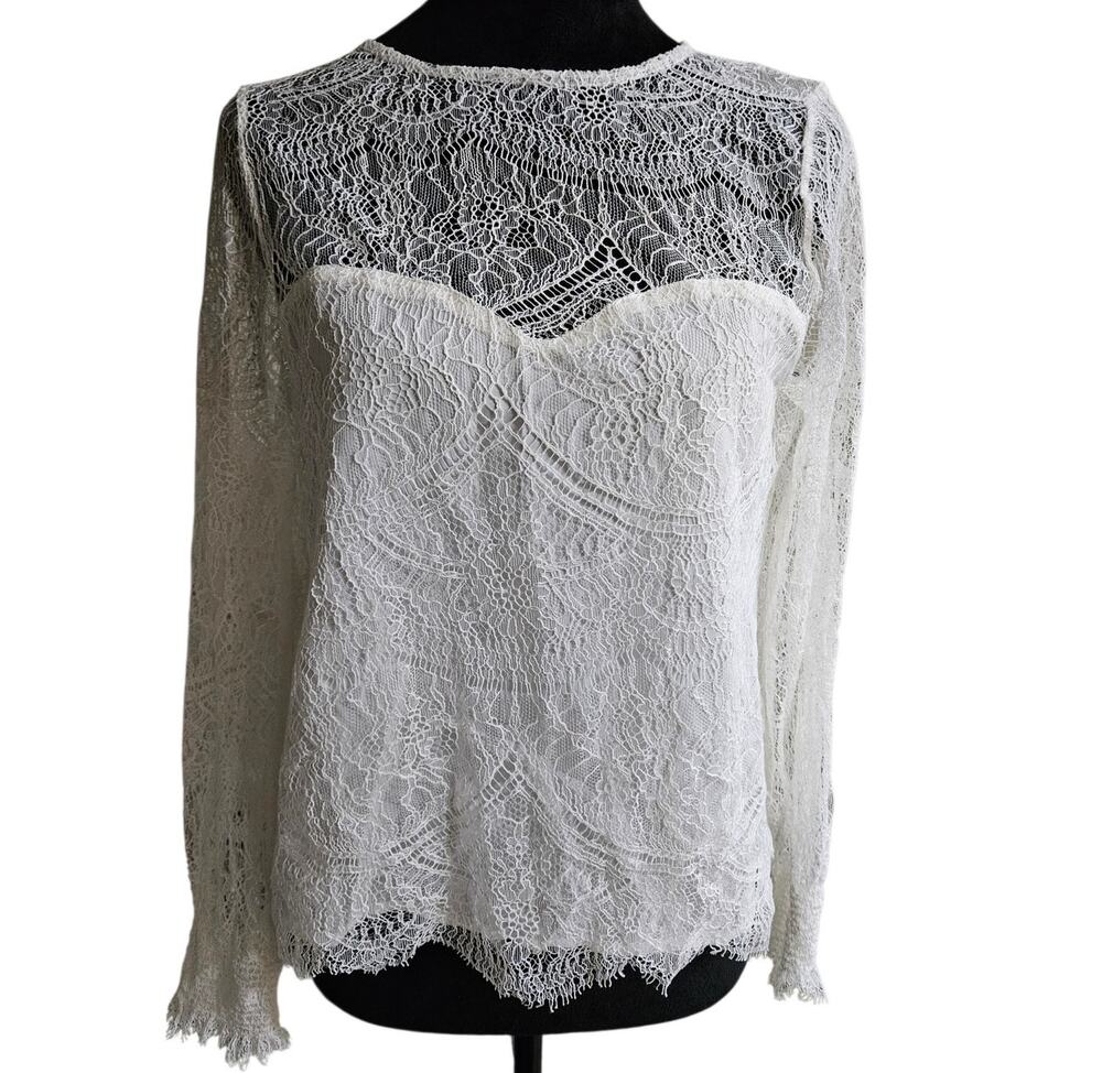 Cupcakes and Cashmere White Floral Lace Long Sleeve Blouse Top Sheer Yoke XS